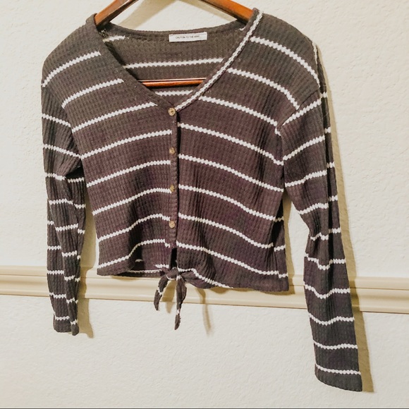 Striped Crop Tie Long Sleeve Top - Picture 1 of 3